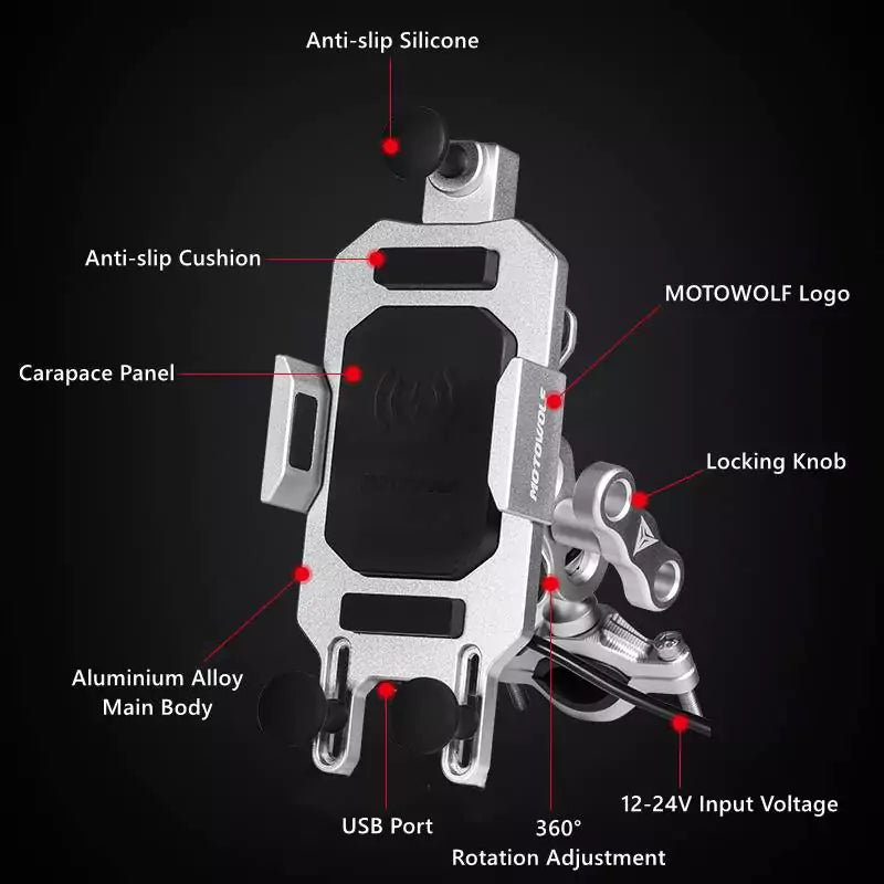 MOTOWOLF Premium Phone Holder Mobile Stand Motorcycle Wireless Charging Handphone USB Wired Charge Motor - Motovile