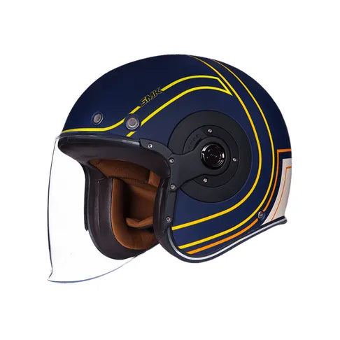 Blue motorcycle helmet with yellow stripes on a white background