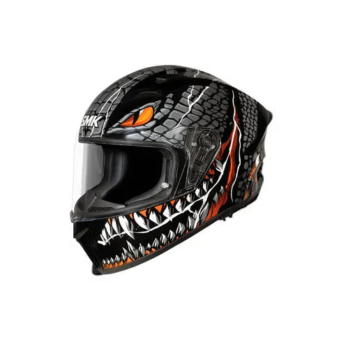 Motorcycle helmet with black, orange, and white design on a white background