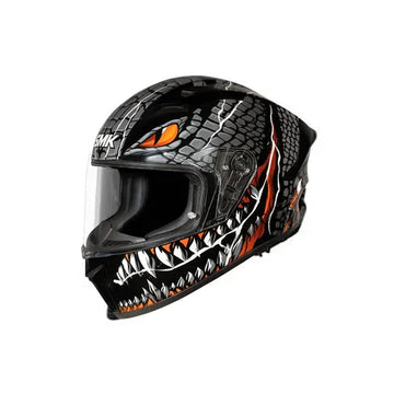 Motorcycle helmet with black, orange, and white design on a white background
