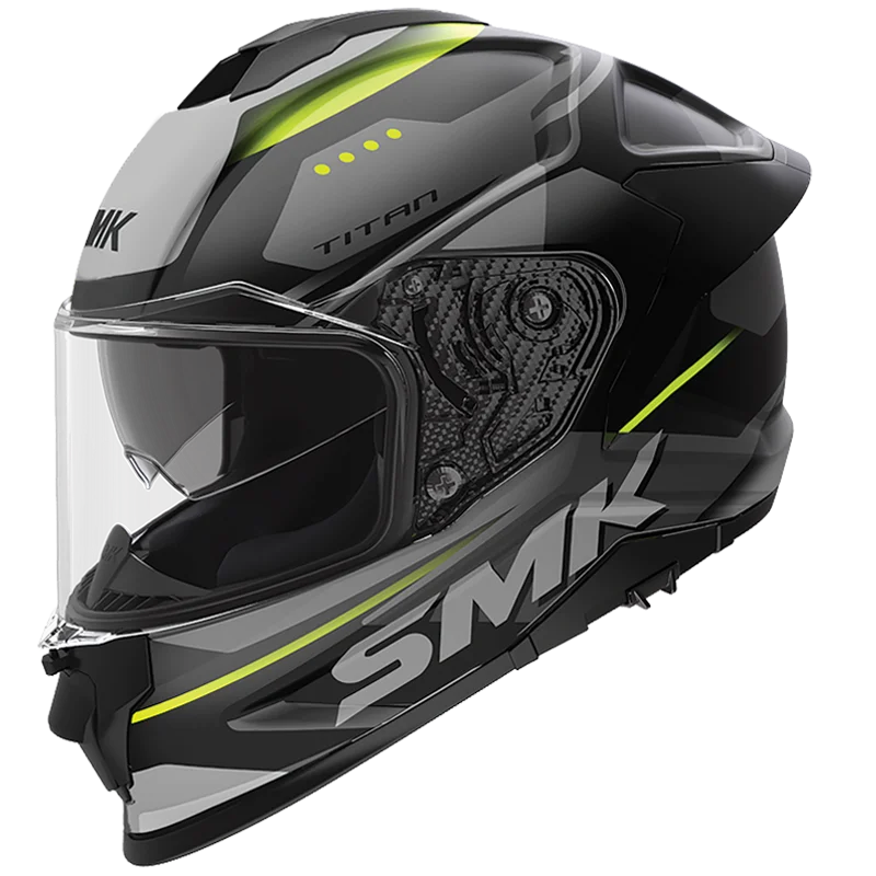 SMK Titan Carbon Fibre Glass Gloss Black Grey Yellow (GL264) Helmet - Motovile