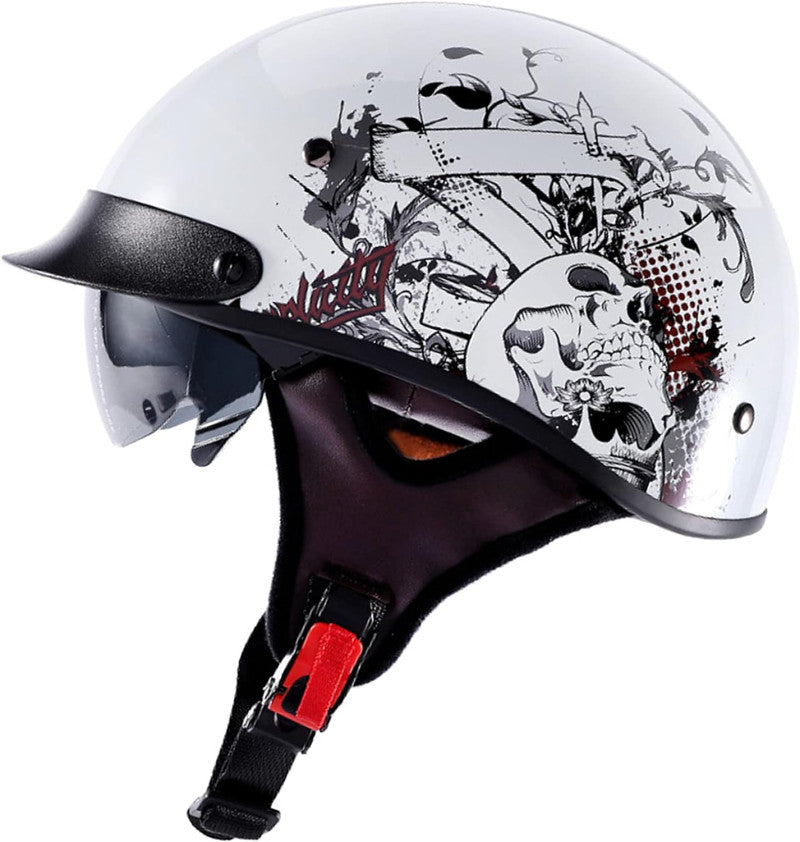 Half Helmet Motorcycle Helmet with Visor Built-in Sunglasses ECE Approved Vintage Open Face Helmet Cap TKMW-014-2 - motovile